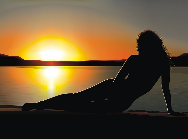 Жена в сянка, силуетна фотография на жена близо до морския бряг, Aero, Vector Art, Woman, Shade, HD тапет
