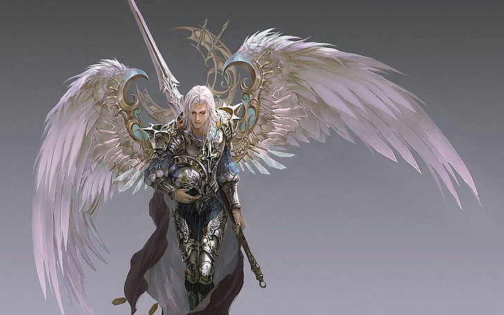 Ilustración del ángel guerrero, alas, espada, armadura, guerrero, casco, capa, fondo gris, Arcángel, Fondo de pantalla HD