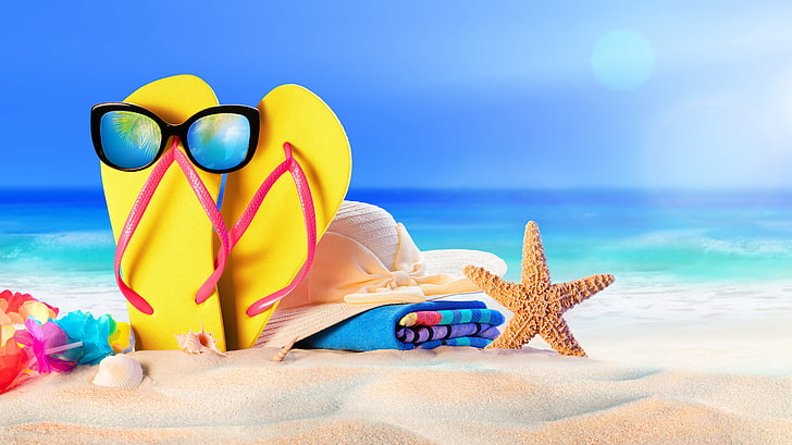 seashore and yellow flip-flops, sand, sea, beach, the sun, hat, glasses, summer, slates, vacation, HD wallpaper