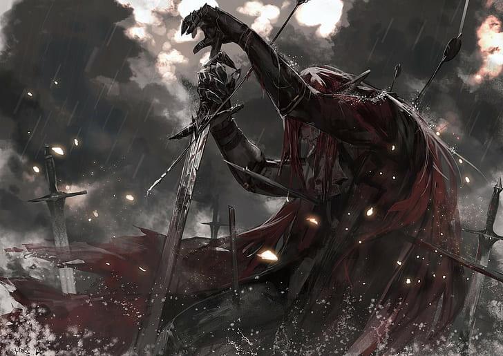 alcd cuero armadura pelirrojo capa de sangre espada oscura pixiv fantasia lluvia flechas humo, Fondo de pantalla HD