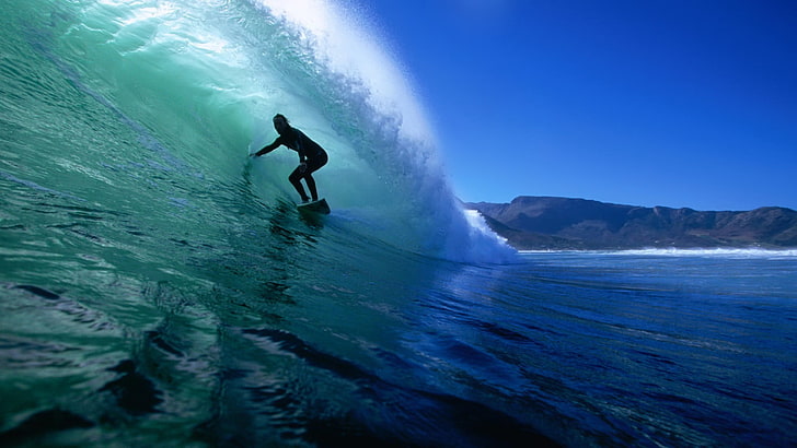 black surfboard, surfing, sea, surfers, sports, HD wallpaper