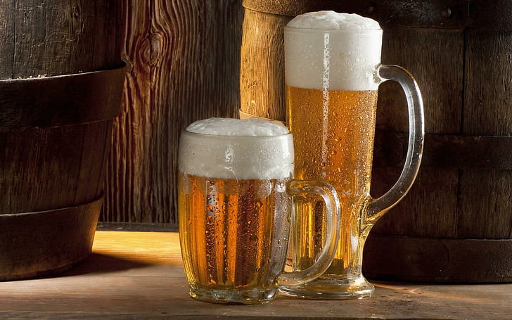 *** Cold Beer ***, two beer mugs, pint, beer, drink, cold, glass, 3d and abstract, HD wallpaper
