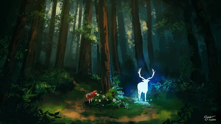 Красная Шапочка, иллюстрация, лес, олень, Красная Шапочка, рисунок, фан-арт, HD обои