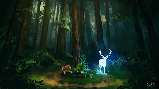 Красная Шапочка, иллюстрация, лес, олень, Красная Шапочка, рисунок, фан-арт, HD обои HD wallpaper