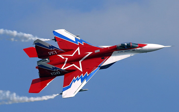 rött och vitt jetplan, Jet Fighters, Mikoyan MiG-29, Air Force, Aircraft, Jet Fighter, Military, Warplane, HD tapet