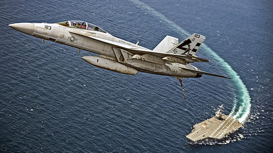 Düsenjäger, Boeing F / A-18E / F Super Hornet, Flugzeuge, Flugzeugträger, Düsenjäger, Kampfflugzeug, Kriegsschiff, HD-Hintergrundbild HD wallpaper