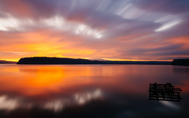 landscape photography of silhouette island, Light, landscape photography, silhouette island, sunrise, long exposure, gig harbor, clouds, colorful, water, reflection, Pacific Northwest, Canon EOS 5D Mark III, Canon EF, 35mm, 4L, B+W, ND, 1000x, mt. rainier, john, westrock, washington, sunset, nature, sky, sea, lake, dusk, landscape, outdoors, scenics, summer, beach, beauty In Nature, HD wallpaper