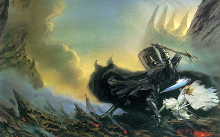 chevalier noir et chevalier léger peignant, J. R. R. Tolkien, Le Silmarillion, oeuvre d'art, Morgoth, Fingolfin, John Howe, Fond d'écran HD