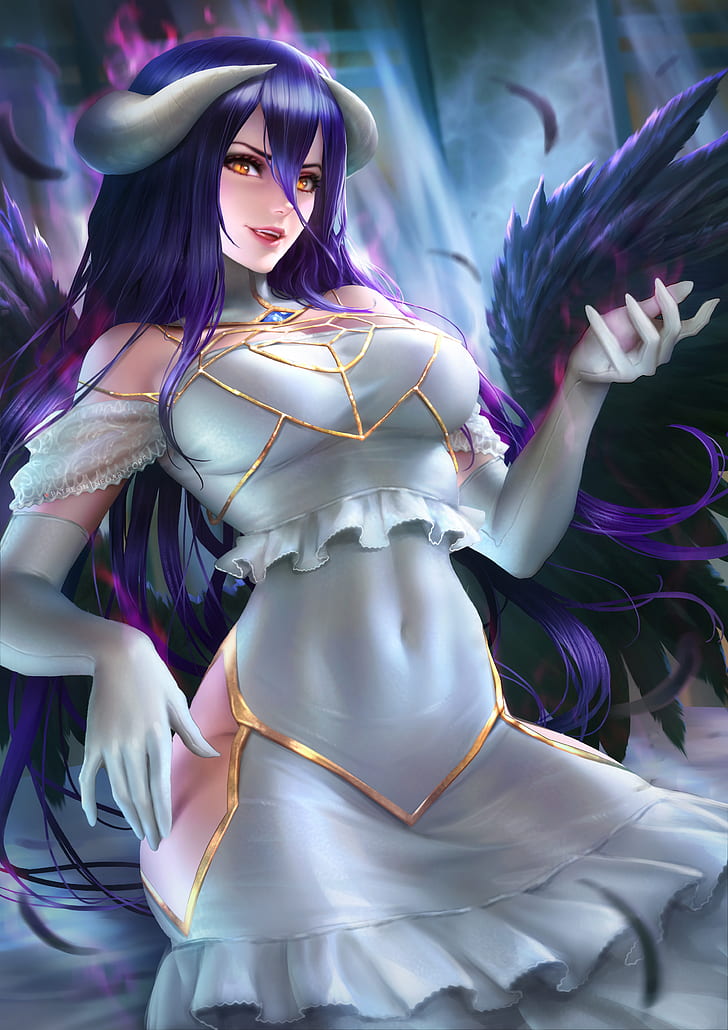 Albedo (OverLord), Overlord (anime), anime, anime girls, dark hair, long hair, horns, fantasy girl, succubus, wings, feathers, looking at viewer, yellow eyes, smiling, fangs, dress, white clothing, white dress, elbow gloves, white gloves, portrait display, vertical, fantasy art, illustration, drawing, artwork, digital art, fan art, NeoArtCorE (artist), HD wallpaper