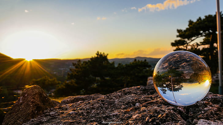 clear glass ball near trees during sunset, here it is, clear, glass, ball, trees, sunset, mödling, austria, sun, nature, landscape, sonne, planet - Space, sky, outdoors, HD wallpaper