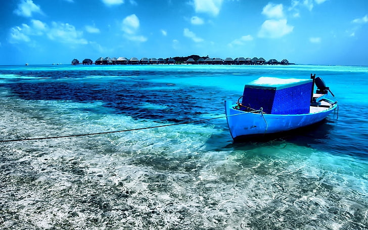 sampan biru, perahu, teluk, pantai, air biru, tali, Wallpaper HD