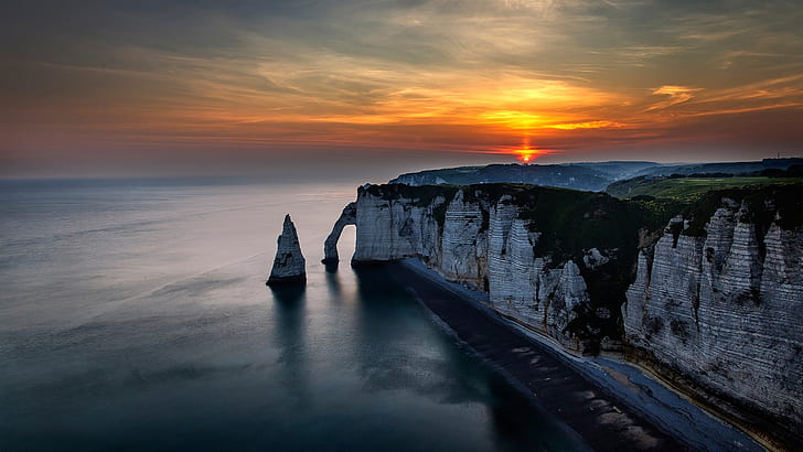 Etretat, Francia, costa, mare, rocce, tramonto, Etretat, Francia, costa, mare, rocce, tramonto, Sfondo HD