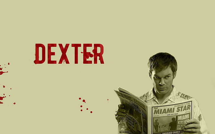 Dexter-Plakat, Dexter Morgan, Fernseher, Sepia, Zeitungen, Blutflecken, HD-Hintergrundbild