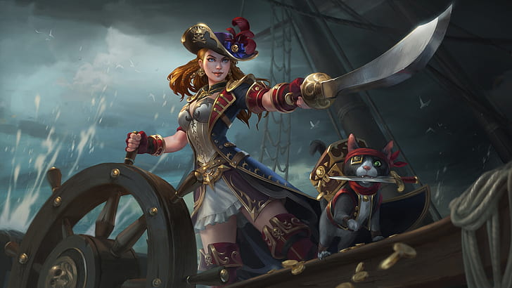Girl, Night, Cat, Ship, Pirate, Red, Art, Pirates, Illustration, Redhead, Saber, Characters, Dagger, Game Art, Steering wheel, SMITE, The wheel, Pirate Admiral Chang'e, by Anna Christenson, Anna Christenson, HD wallpaper
