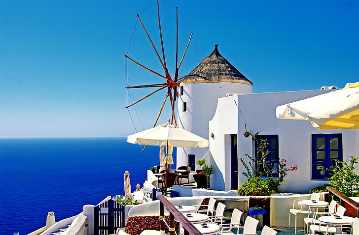 vit betong fyr, hav, natur, staden, stolar, hem, Santorini, Grekland, bord, paraplyer, kvarn, Oia, vind, HD tapet