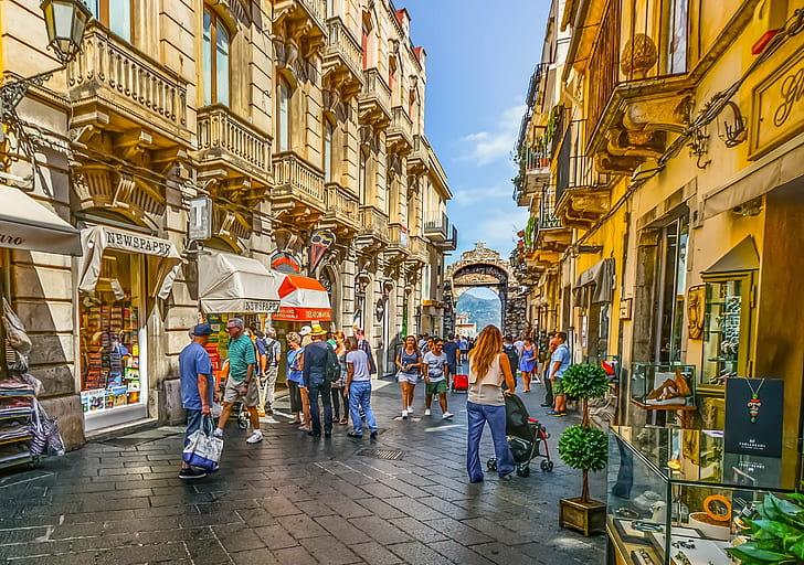 architecture, city, colorful, italian, italy, old, scene, shopping, shops, sicilian, sicily, street, taormina, tourism, travel, view, village, HD wallpaper