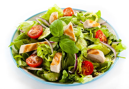 vegetable chicken salad, salad, meat, tomatoes, HD wallpaper HD wallpaper