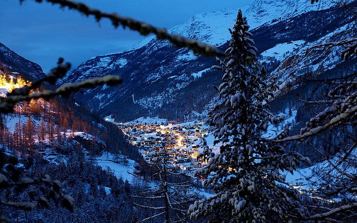 Switzerland, Alps, mountains, winter, snow, night, trees, houses, evening, Switzerland, Alps, Mountains, Winter, Snow, Night, Trees, Houses, Evening, HD wallpaper