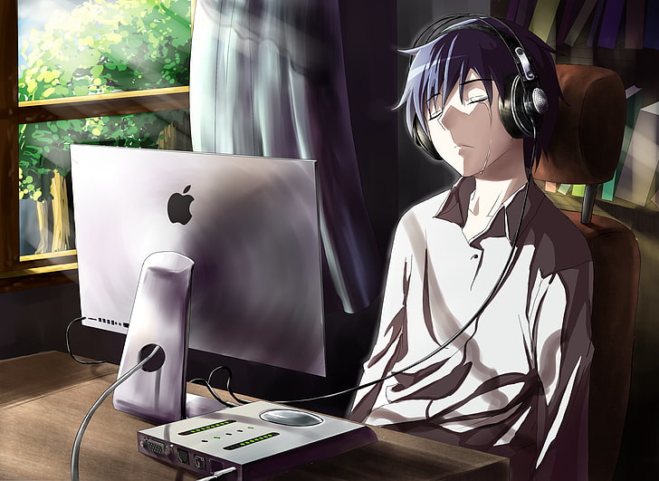 Męska postać z anime przed monitorem iMac ilustracja, facet, anime, komputer, łzy, smutek, pokój, Tapety HD