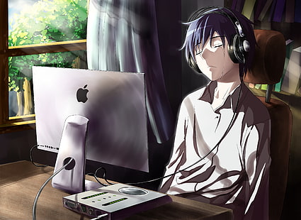 Męska postać z anime przed monitorem iMac ilustracja, facet, anime, komputer, łzy, smutek, pokój, Tapety HD HD wallpaper