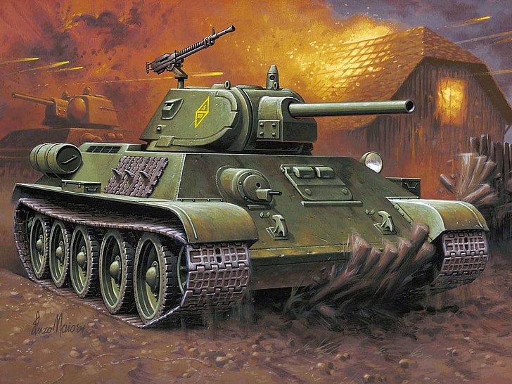 tank tentara hijau, gambar, seni, tank, pertempuran, Soviet, rata-rata, T-34-76, WW2., tigapuluh empat, Wallpaper HD