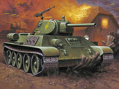 зеленый армейский танк, рисунок, арт, танк, бой, советский, средний, Т-34-76, второй мировой войны., тридцать четыре, HD обои HD wallpaper