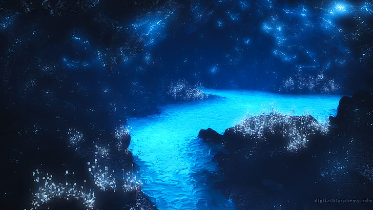 Cave Light Water Blue HD, digital/artwork, blue, water, light, cave, HD wallpaper