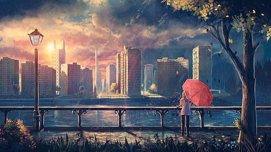 woman holding umbrella looking building painting, woman using pink umbrella watching the body of water and buildings, artwork, fantasy art, anime, rain, city, park, umbrella, painting, anime girls, cityscape, HD wallpaper HD wallpaper