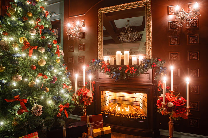 شمعة ، رأس السنة ، عيد الميلاد ، الرغيف الفرنسي ، عيد ميلاد سعيد ، الديكور الداخلي ، شجرة عيد الميلاد ، الاحتفال بالعطلة، خلفية HD