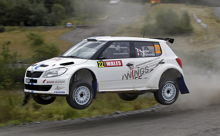 Auto, White, Speed, WRC, Rally, Skoda, Fabia, Sebastien Ogier, Julien Ingrassia, In The Air, Flies, HD wallpaper