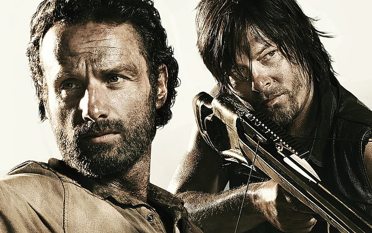 The Walking Dead characters wallpaper, crossbow, The Walking Dead, Rick Grimes, Andrew Lincoln, Norman Reedus, Daryl Dixon, HD wallpaper