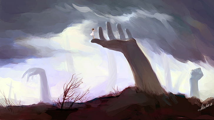 osoba stojąca na ludzkiej dłoni malarstwo, sztuka fantasy, Tapety HD
