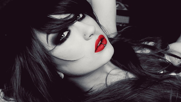 wanita, wajah, bibir, lipstik, Niky Von Macabre, pewarnaan selektif, lipstik merah, Bibir Menusuk, model, hijau lolina, BloodViktoria, Wallpaper HD