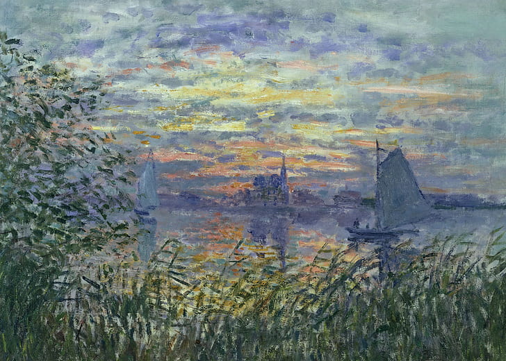 krajobraz, łódź, obraz, żagiel, Claude Monet, Zachód słońca nad Sekwaną, Tapety HD
