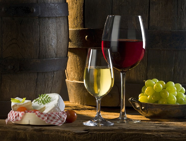 two clear wine glasses, the sun, wine, red, white, shadow, cheese, glasses, grapes, tomato, barrels, HD wallpaper