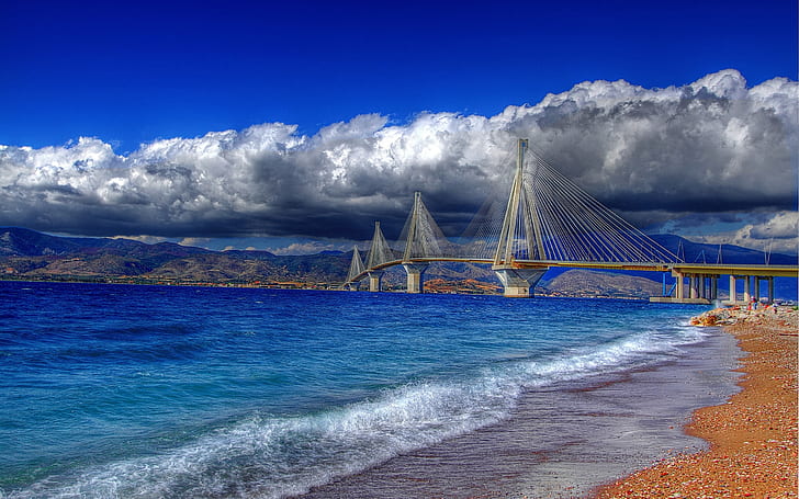 Greece, Gulf of Corinth, cable-stayed bridge, water, coast, sky, clouds, Greece, Gulf, Corinth, Bridge, Water, Coast, Sky, Clouds, HD wallpaper