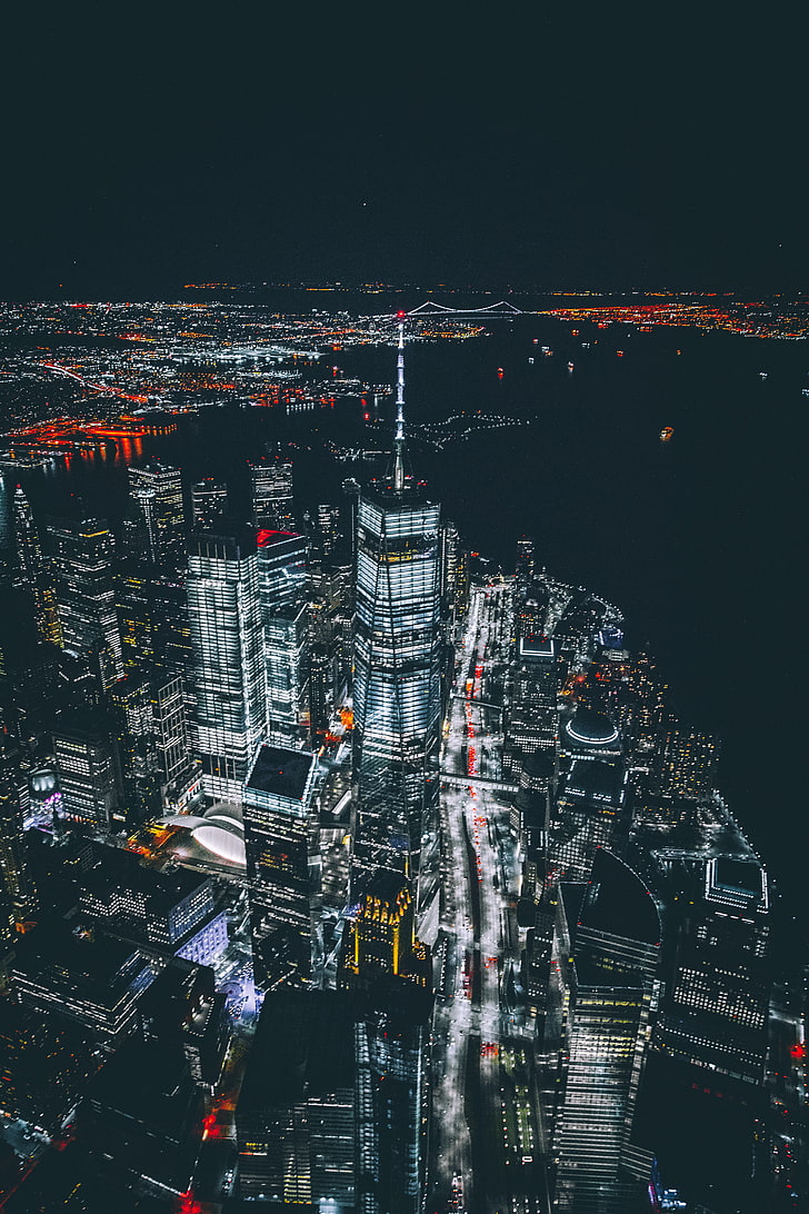 городской пейзаж в ночной живописи, небоскребы, ночной город, нью-йорк, сша, HD обои, телефон обои