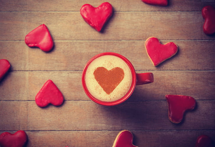 Valentines Day, gift, heart, coffee, romance, sign, love, crema, cup, HD wallpaper