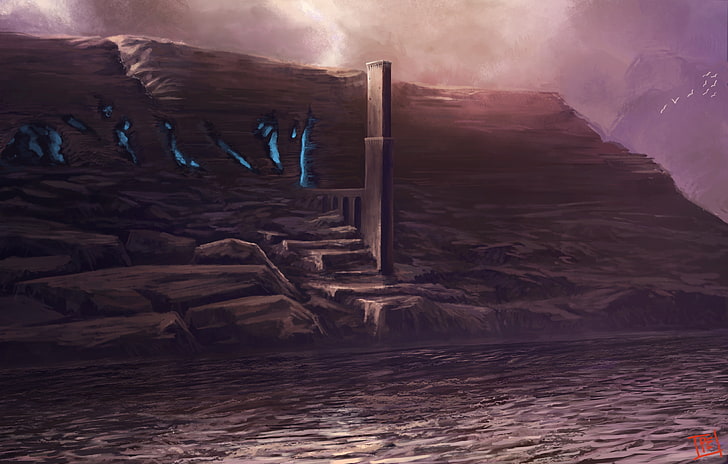 برج خرساني بجانب جسم مائي ، فن خيالي ، مناظر طبيعية ، خراب، خلفية HD