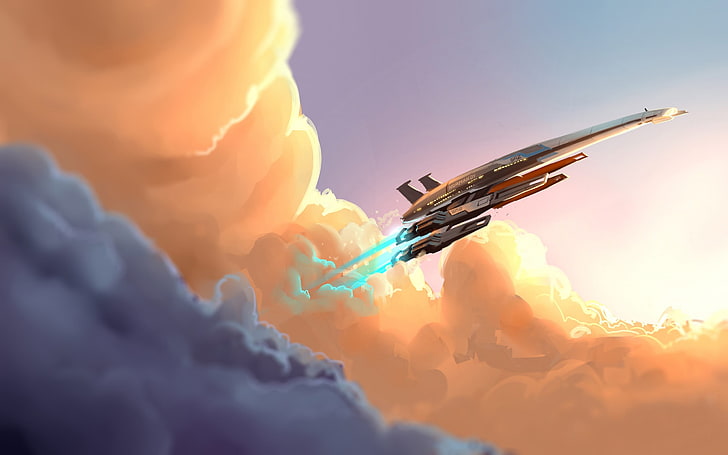 illustrazione di veicoli spaziali grigio e rosso, Mass Effect, astronave, nuvole, arte digitale, Normandia SR-2, Sfondo HD