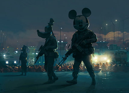  Disney, Mickey Mouse, Donald Duck, Goofy, gun, HD wallpaper HD wallpaper