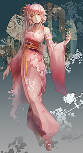 аниме, аниме момичета, кимоно, японски дрехи, дълга коса, розова коса, жълти очи, HD тапет HD wallpaper