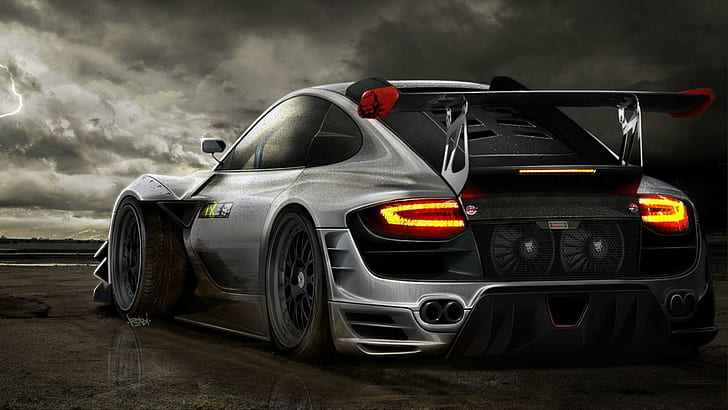 Porsche Tuning, сребърно и черно спортно купе, porsche, суперавтомобил, състезателен автомобил, автомобили, HD тапет