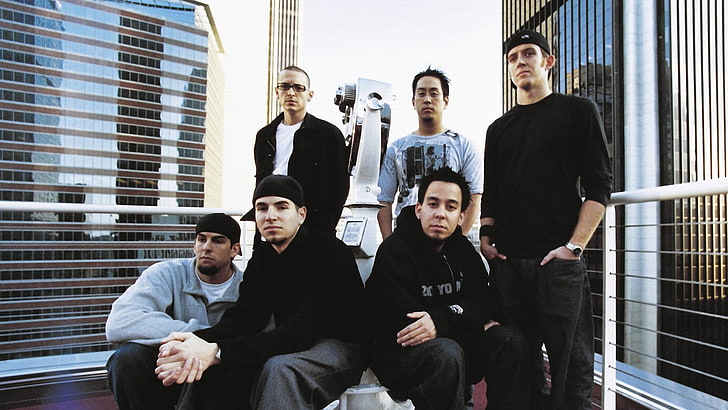 Linkin Park band, linkin park, roof, city, houses, band, HD wallpaper