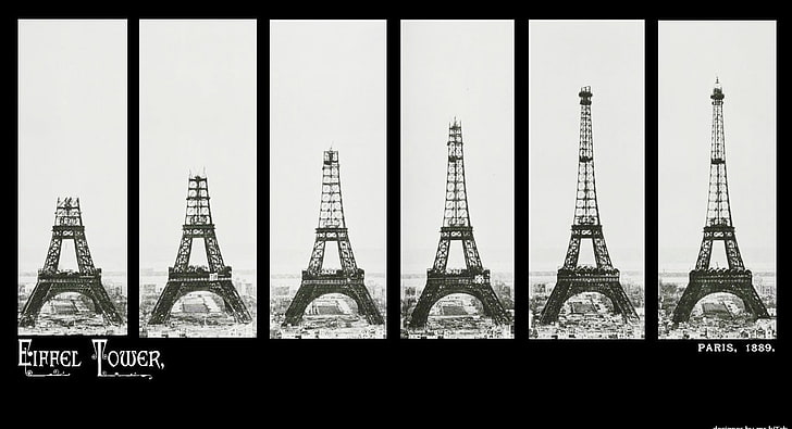 エッフェル塔建設、エッフェル塔図面、ヴィンテージ、パリ、建設、黒と白、エッフェル塔、1889、 HDデスクトップの壁紙
