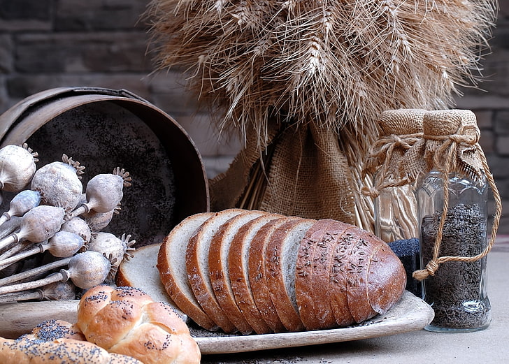 baked breads and glass bottles, bread, poppy seeds, caraway seeds, sunflower seeds, slices, whole grains, wheat, HD wallpaper