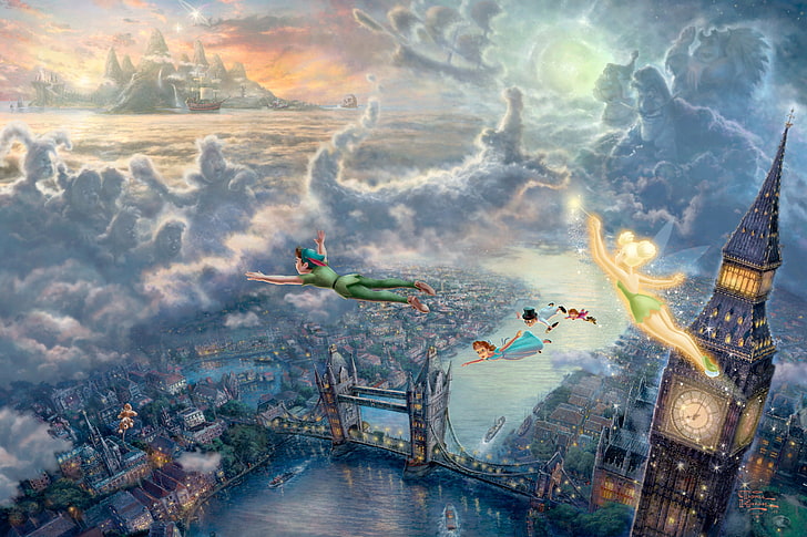 Peter Pan wallpaper, sea, clouds, sunset, bridge, children, the city, lights, castle, watch, London, tale, ships, fairy, art, flight, fantasy, Big Ben, Thomas Kinkade, fairytales, Disney, 50-th anniversary, captain Hook, London bridge, Peter Pan, Tinker bell, The Disney dreams collection, Wendy, Tinkerbell, Tinkerbell and Peter Pan fly to Neverland, HD wallpaper