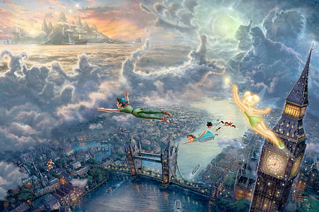 Peter Pan wallpaper, sea, clouds, sunset, bridge, children, the city, lights, castle, watch, London, tale, ships, fairy, art, flight, fantasy, Big Ben, Thomas Kinkade, fairytales, Disney, 50-th anniversary, captain Hook, London bridge, Peter Pan, Tinker bell, The Disney dreams collection, Wendy, Tinkerbell, Tinkerbell and Peter Pan fly to Neverland, HD wallpaper HD wallpaper