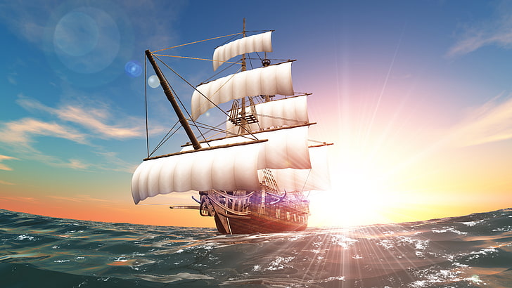 茶色と白のガレオン船イラスト、海、太陽、船、帆、水泳、コース、 HDデスクトップの壁紙