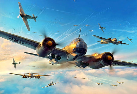 ハリケーン、ユンカース、イギリスの戦い、空軍、空軍、アートワーク、ホーカー、戦闘機、第二次世界大戦、Ju-88、 HDデスクトップの壁紙 HD wallpaper